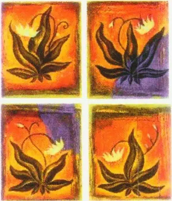 Image à 4 carrés affichant chacune une plante à fleurs sur fond orangé et violet