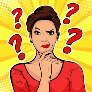 Femme entourée de points d'interrogations symbolisant Extravertie ou introvertie