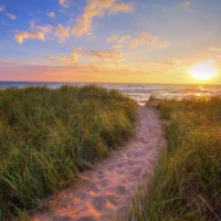 Un chemin conduisant à la mer sur coucher de soleil inspirant les transitions de vie