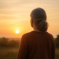 Femme vue de dos regardant le soleil levant qui symbolise le choix de vieillir sereinement