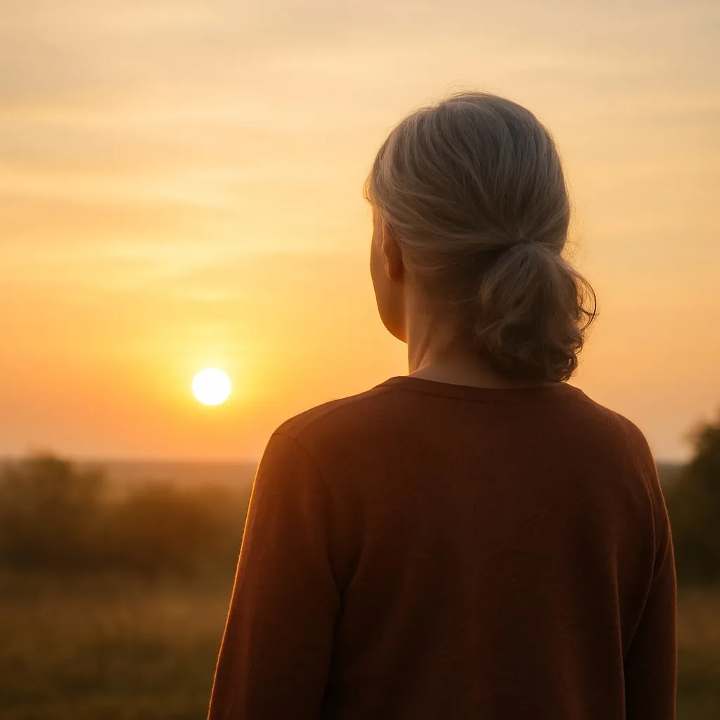 Femme vue de dos regardant le soleil levant qui symbolise le choix de vieillir sereinement