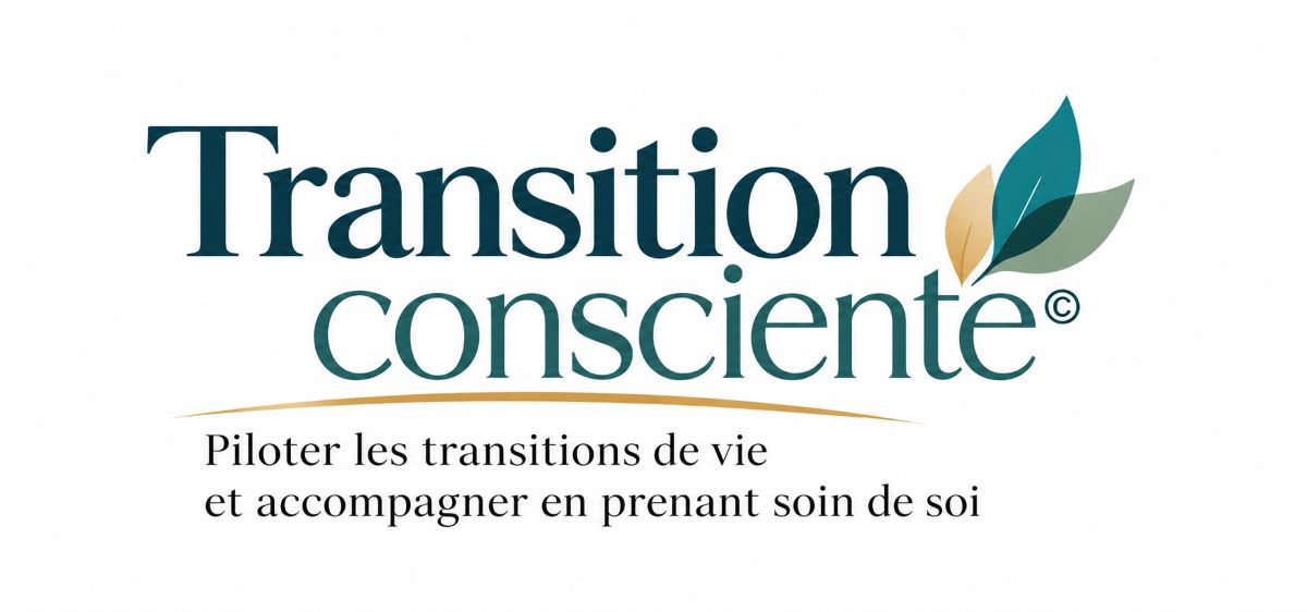 Le titre de la formation Transition consciente tout en vert avec trois petites feuilles d'automne à la droite du titre